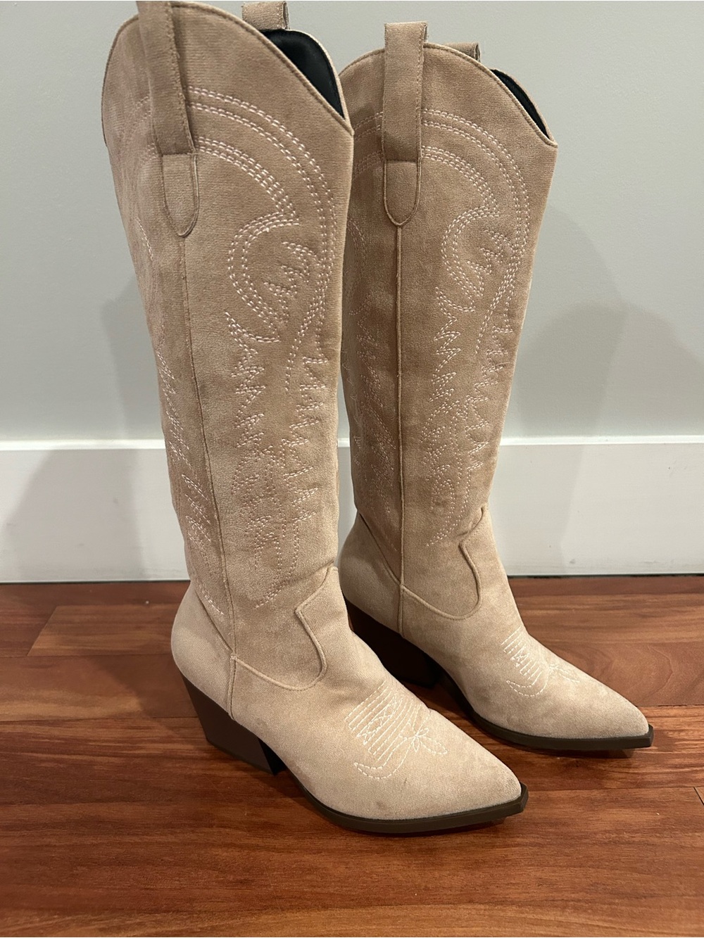 Cowgirl Boots Pointed Toe Block Heel Mid Calf Embroidered Faux Suede Size 6 36 - Picture 10 of 16